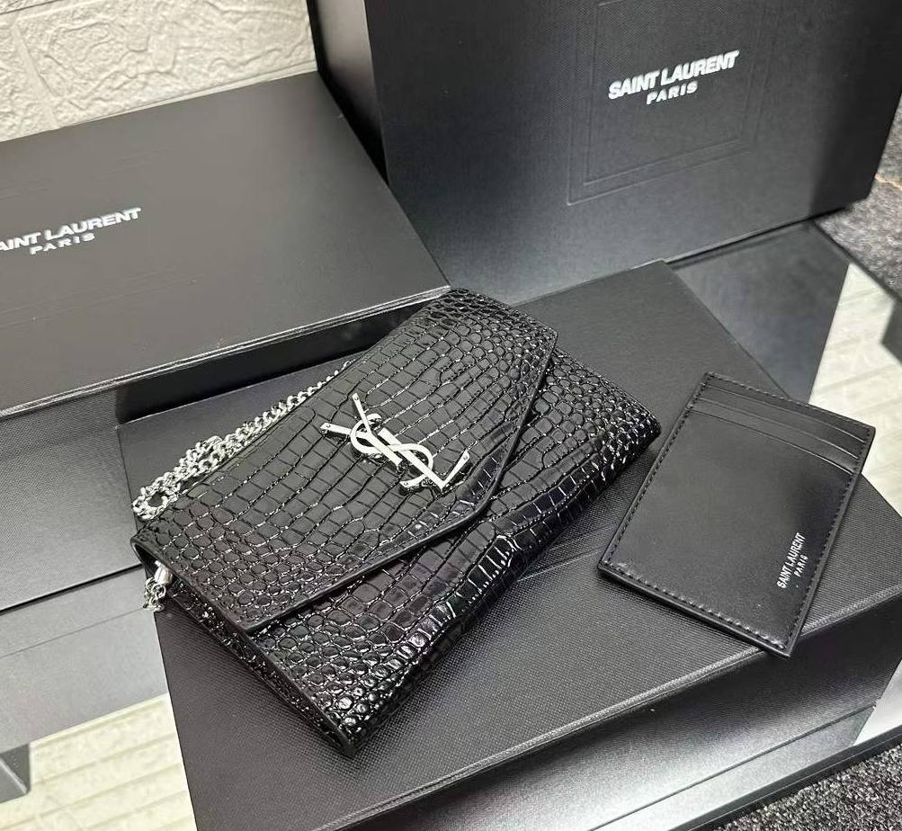Ysl- Yves Saint Laurent Uptown Chain Wallet in black crocodile-embossed leather