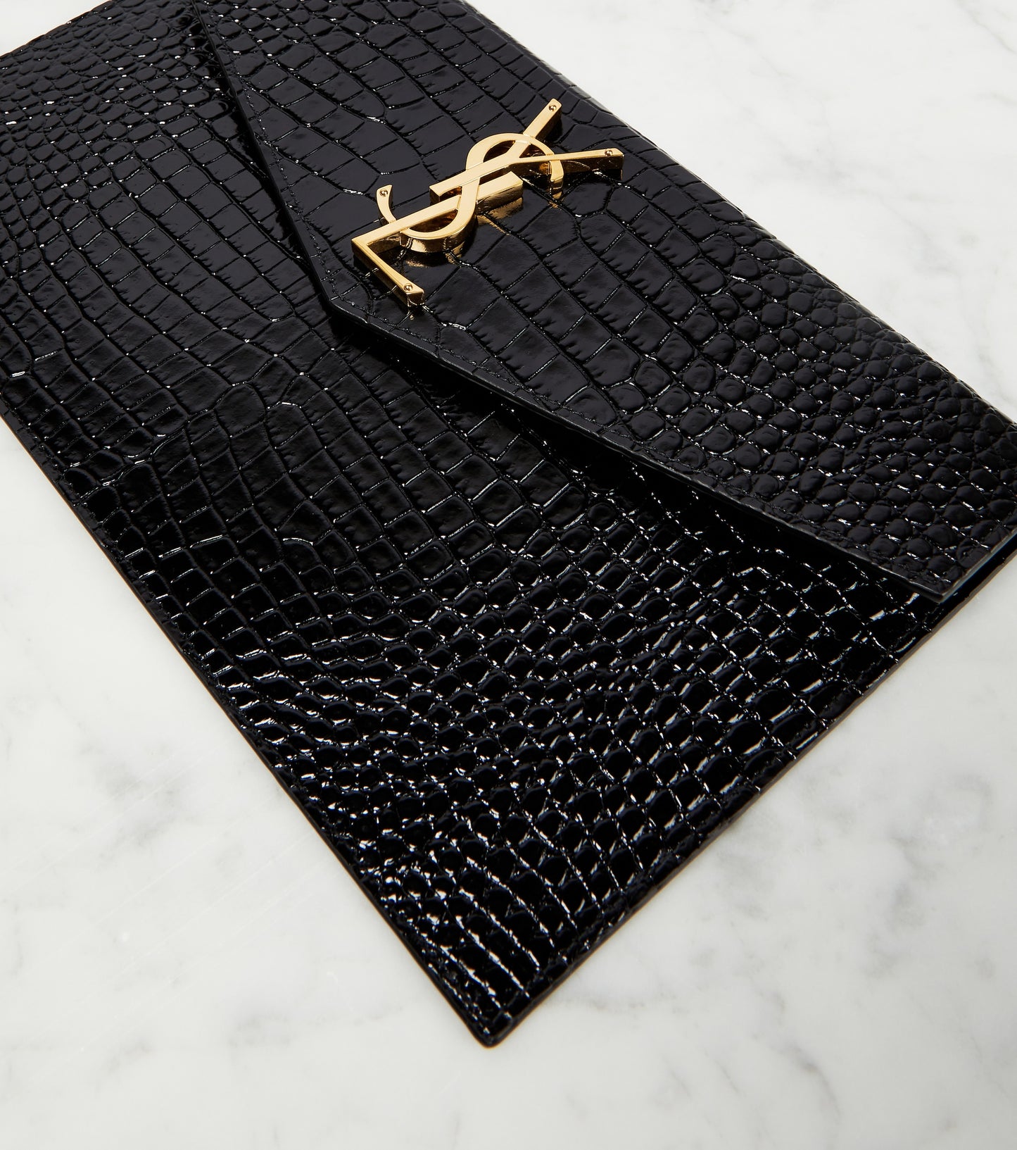 Ysl- Yves Saint Laurent Uptown Chain Wallet in black crocodile-embossed leather