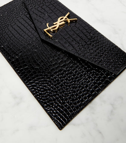 Ysl- Yves Saint Laurent Uptown Chain Wallet in black crocodile-embossed leather