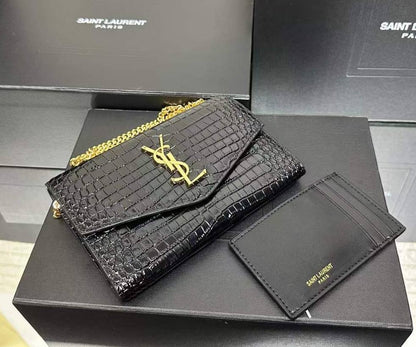 Ysl- Yves Saint Laurent Uptown Chain Wallet in black crocodile-embossed leather